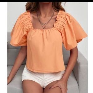 Zara Square Neck Ruffle Orange Short Sleeve Blouse / Top Size XS